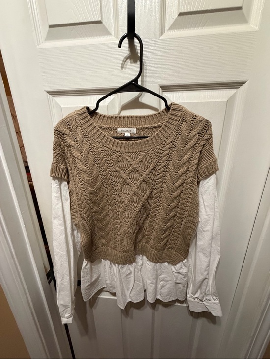 Blu Pepper Sweaters - Blu Pepper Tan Cable-Knit Faux-Layer Crew Sweater with White Shirt Hem